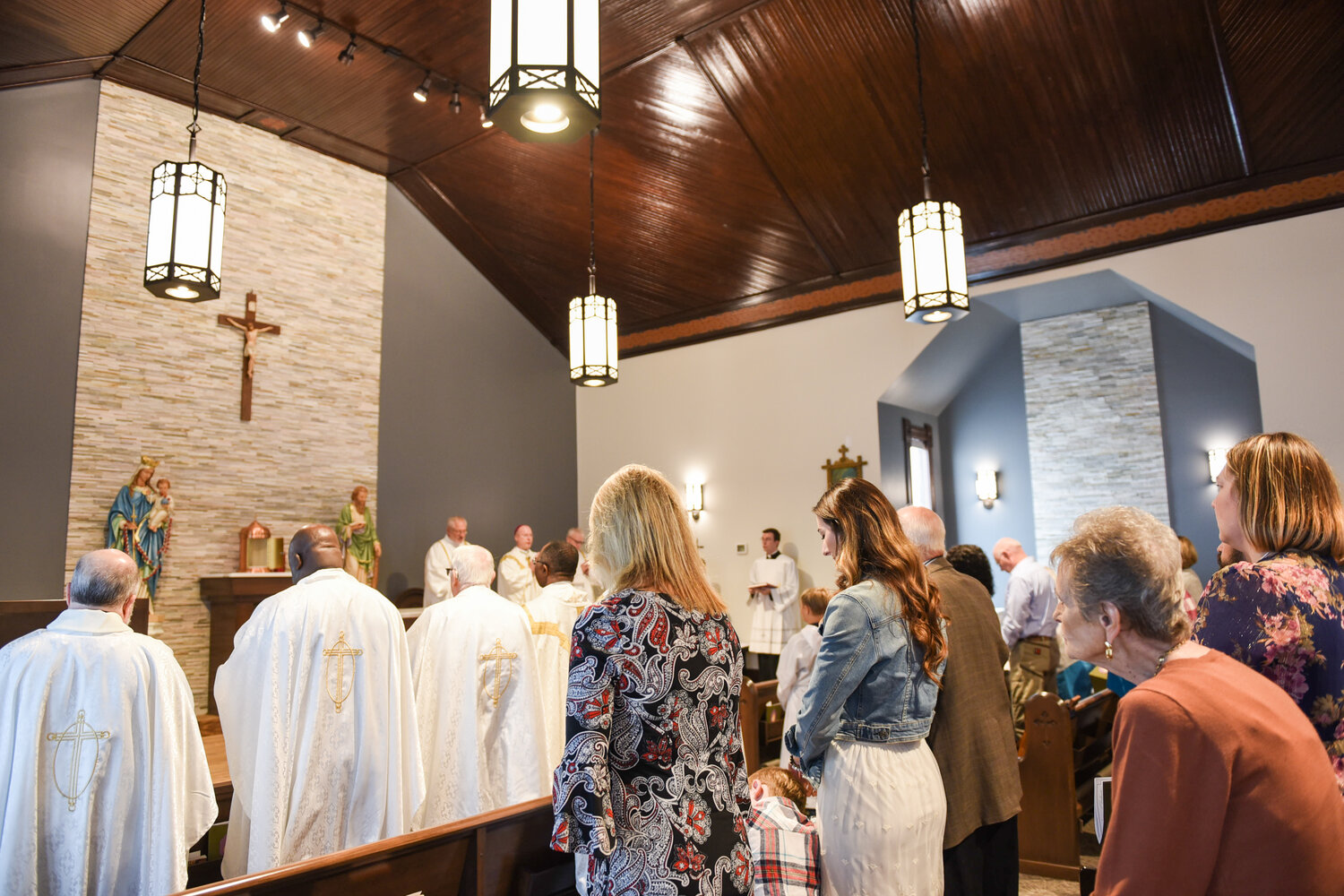 Bishop W. Shawn McKnight leads the faithful in prayer during the Rededication Mass for St. Jude Thaddeus Church in Mokane on Oct. 22. The rededication capped a year’s worth of renovations to the 1895-vintage church.